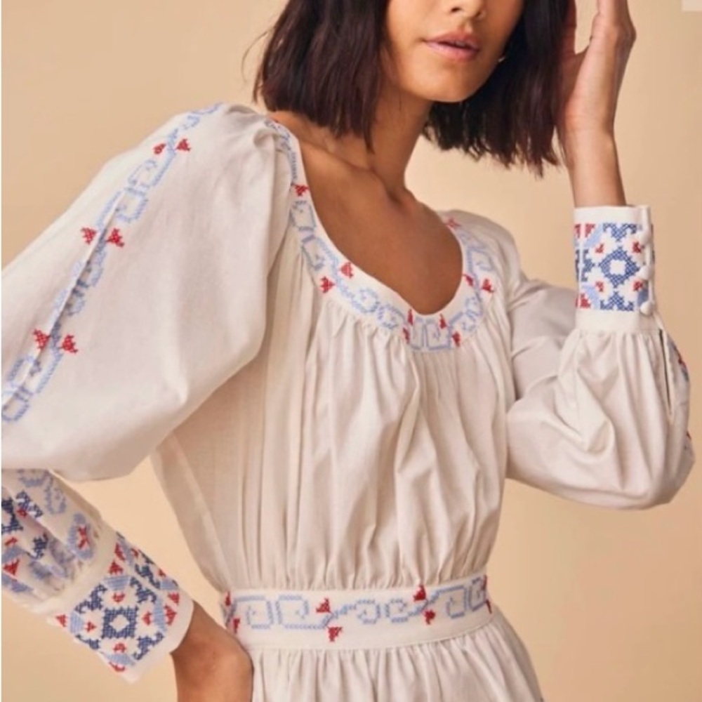 HUNTER BELL Ellie Dress White with Blue Embroidery - Picture 2 of 6